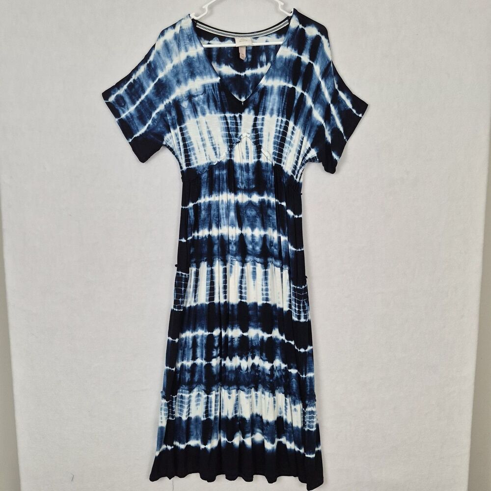 Knox Rose Tie Dye Maxi Dress XS Blue White Boho V Neck Pockets Rayon Whimsy